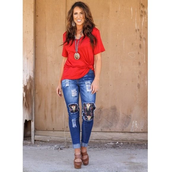 L&B Denim - Jeans. Steer-Skull Fabric Patch Inserts. Destroyed. Sizes 18 & 20.